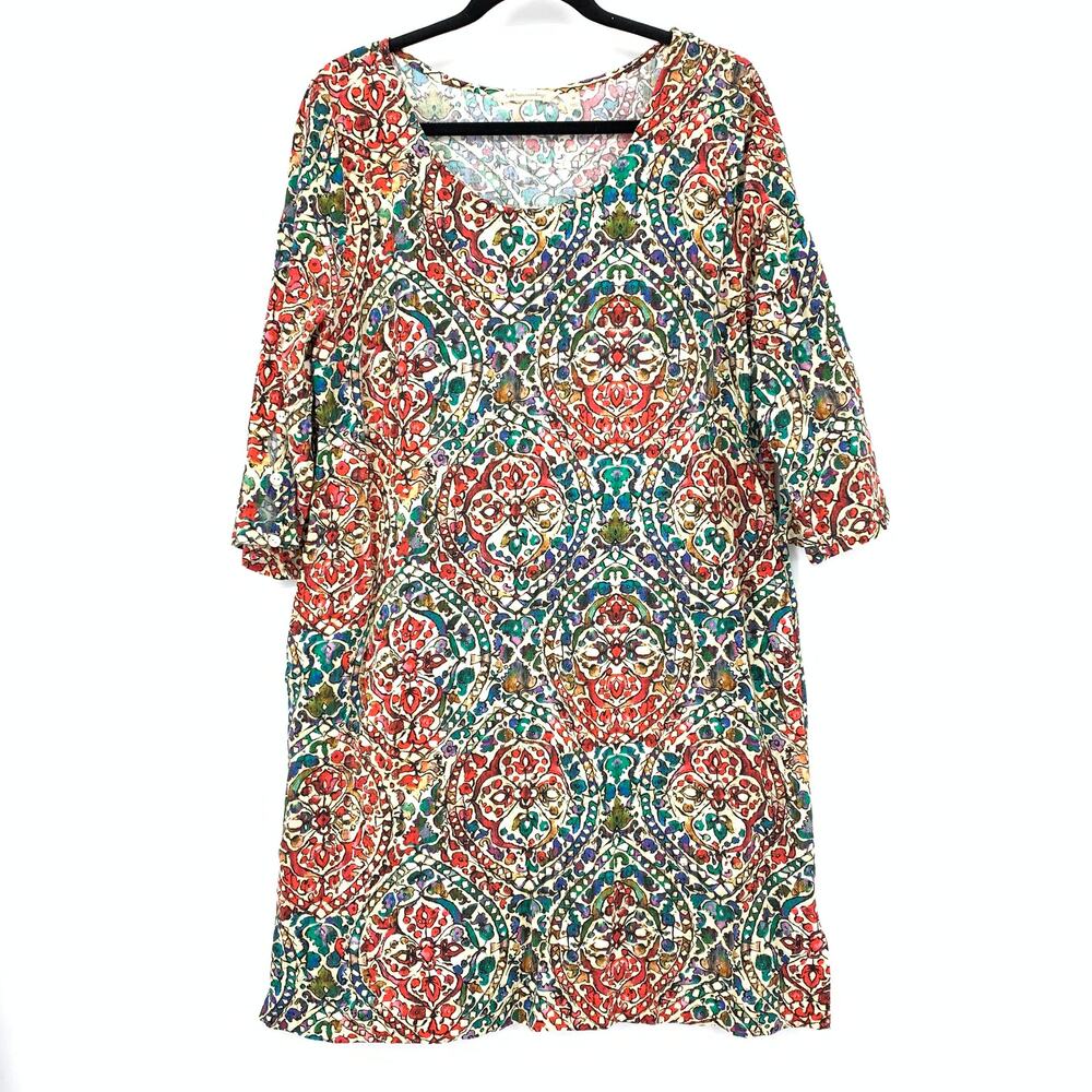 Soft Surroundings 3/4 Sleeve Shift Dress Womens Sz Medium Rainbow Mandala Print